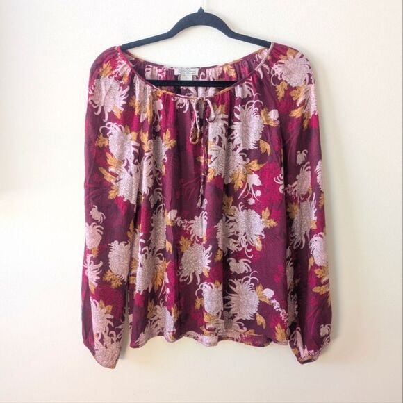 Lucky Brand Boho Floral Peasant Blouse Red Gold Long Sleeve Top Size Small - Picture 1 of 6